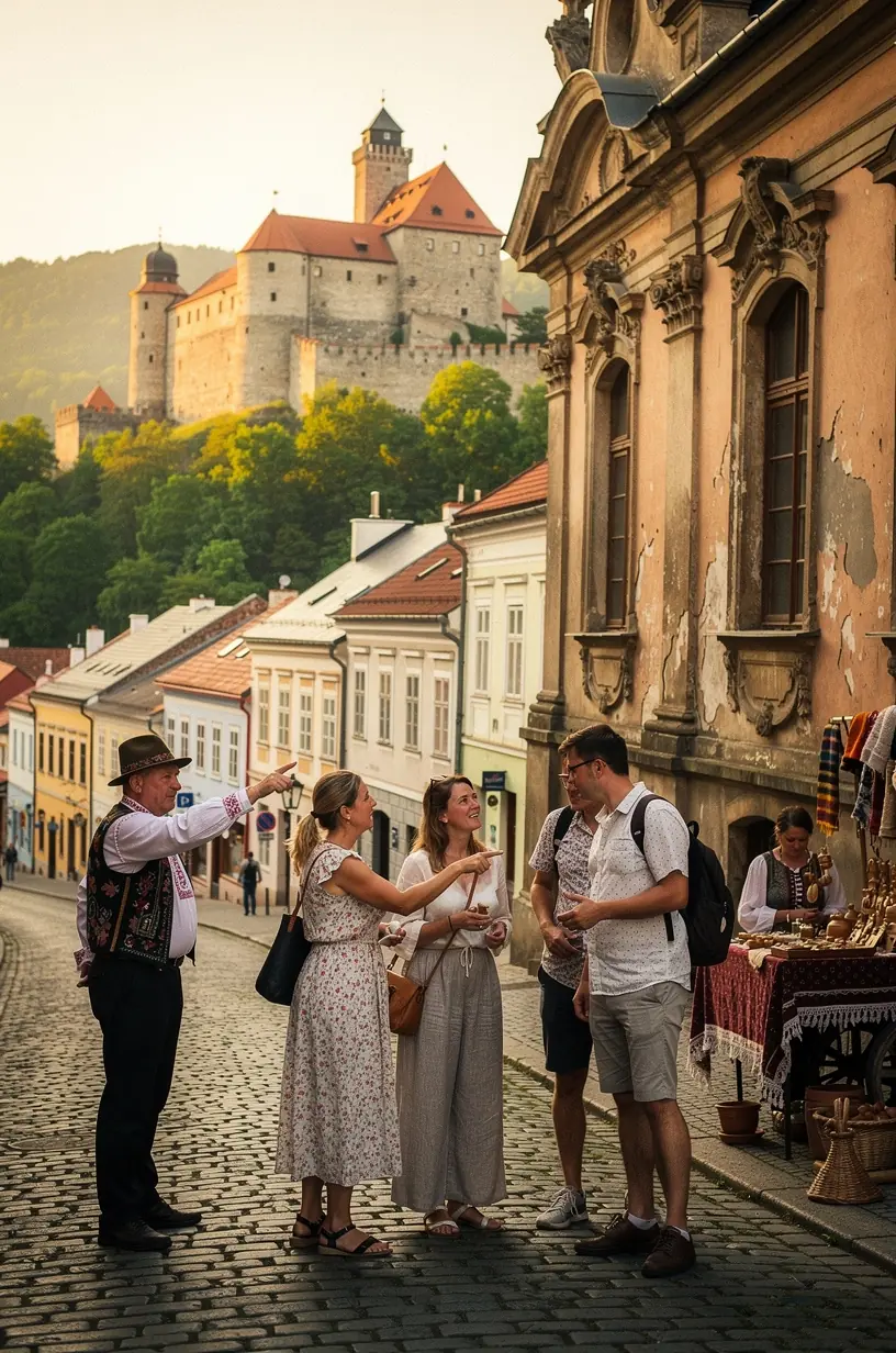 Pohľad na zachované historické námestie stredovekého slovenského mesta s detailmi architektúry a kamenných budov.